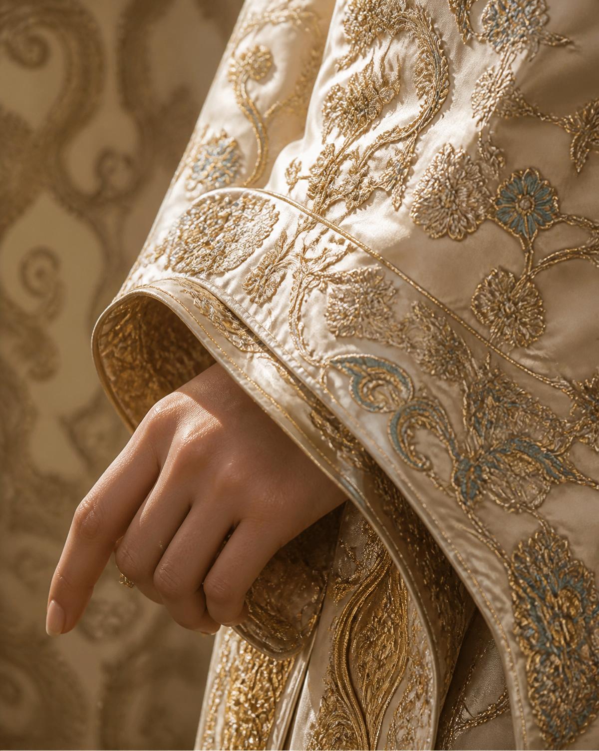 Detail of gold embroidery on ivory silk