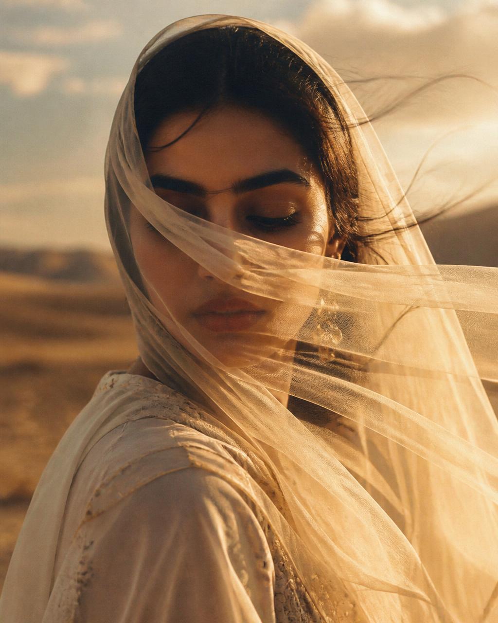 Close portrait of a woman with a sheer ivory veil